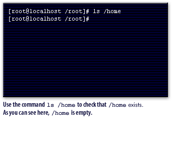 Use the command ls /home to check that /home exists. As you can see here, /home ls empty.