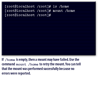 If /home is empty, then a mount may have failed. Use the command mount /home to retry the mount.