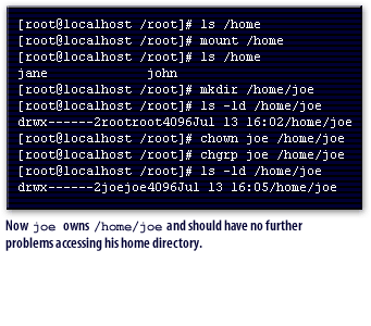 6) Now joe owns /home/joe and should have no further problems accessing his home directory