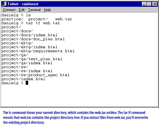 The ls command shows your current directory, which contains the 
web.tar archive. The tar tf command reveals that web.tar contains the project directory tree. If you extract files from web.tar, you will overwrite the existing project directory.