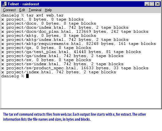 The tar xvf command extracts files from web.tar.  Each output line starts with z, for extract. The other information lists the file names and sizes, in bytes and blocks.4