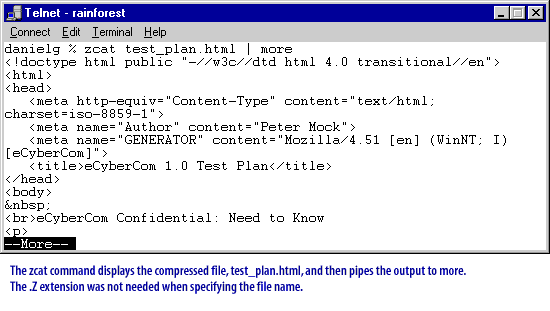 The zcat command displays the compressed file, test_plan.html, and then pipes the output to more. 