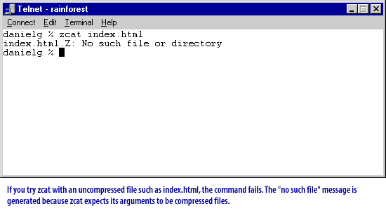 If you try zcat with an uncompressed file such as index.html, the command fails. 