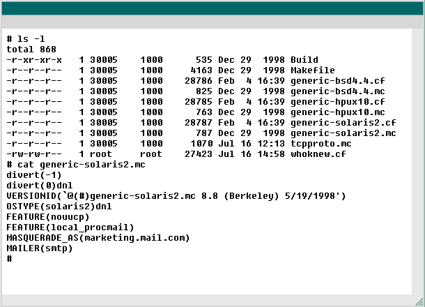 Notice that this directory has several files, including generic-solaris2.mc. You can customize any of these files, then run them through M4 to create a valid sendmail.cf file automatically. Now, view the contents of generic-solaris2.mc by using cat.